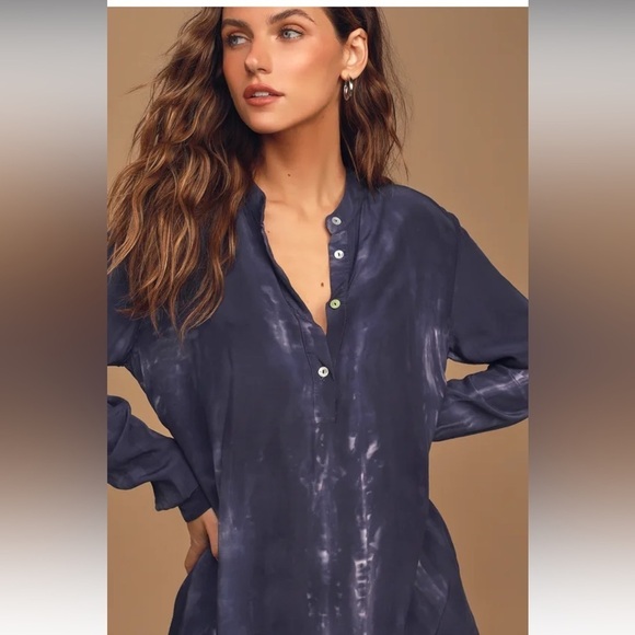 Lulu’s What I Like Navy Blue Tie-Dye Long Sleeve Shirt Dress - Picture 2 of 13